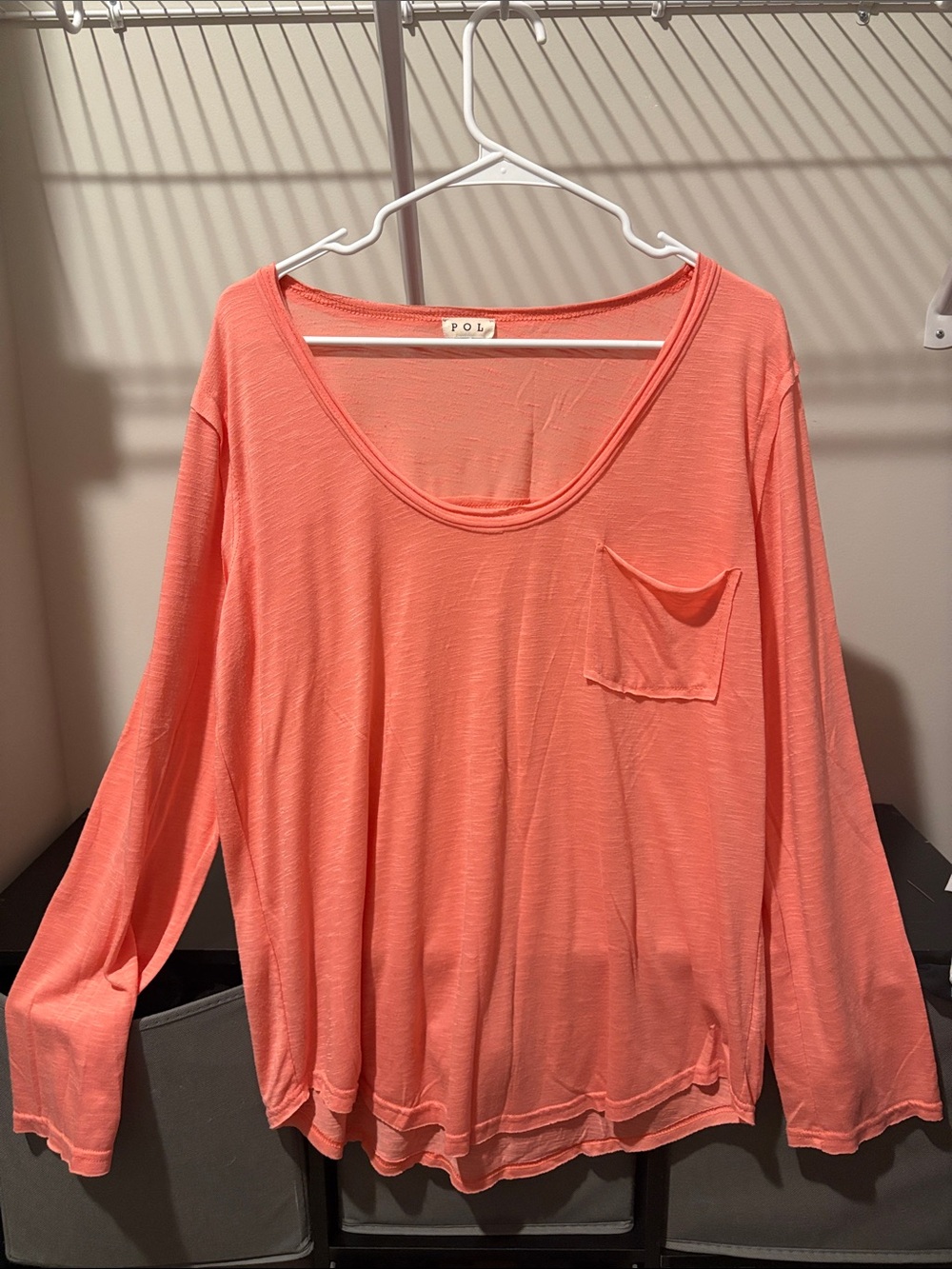 Coral Long-Sleeve Pocket Scoop Neck Top